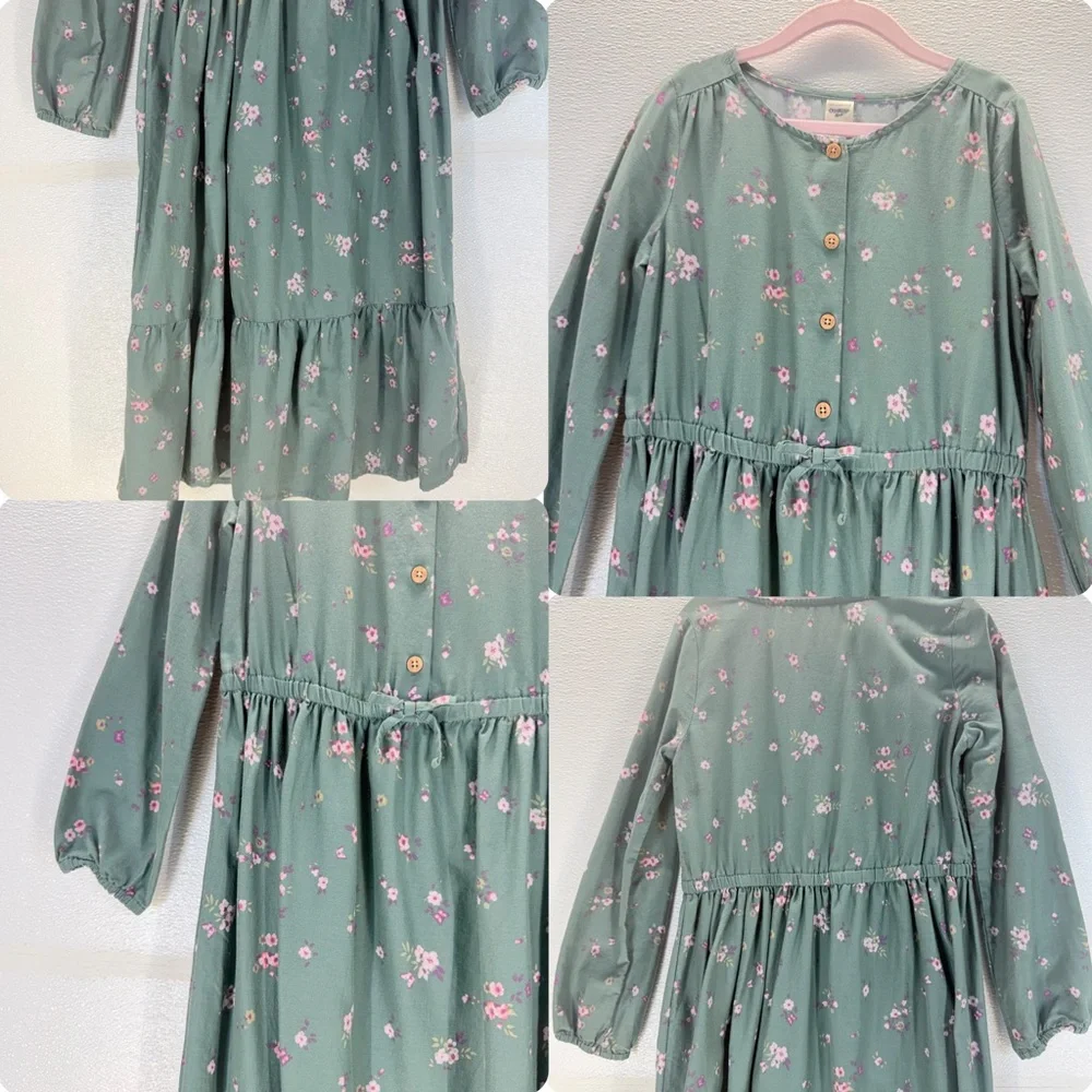 OshKosh Girls Floral Prairie Dress Size 8 Green Boho‎ Cottagecore